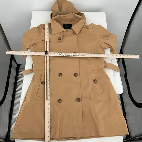Tan Double Breasted Hooded Trench Coat Belted Casual Outerwear Size L Size L