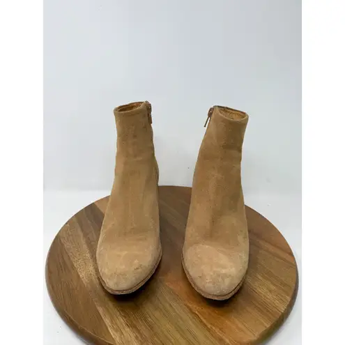 John Fluevog Milla Ankle Boots Suede Tan Side Zip Block Heel Size 6.5