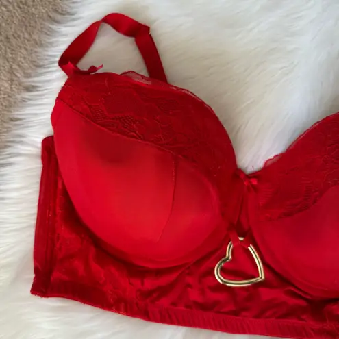 Cacique Long Line Heart Detail Red Lace Women's Corset Inspired Bra Top 44DD