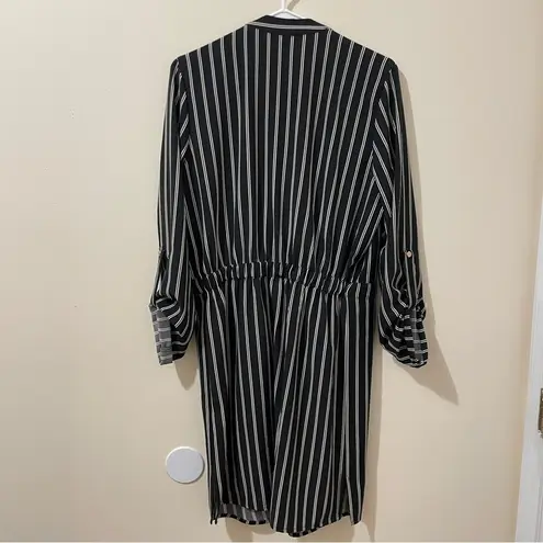 Suzy Shier  Black Long Sleeved Blouson Dress White Stripes W/ Pockets Size Medium