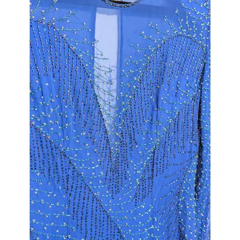Vintage Silk Beaded Long Sleeve Cocktail Dress Shoulder Pads Illusion Neckline Blue Size M