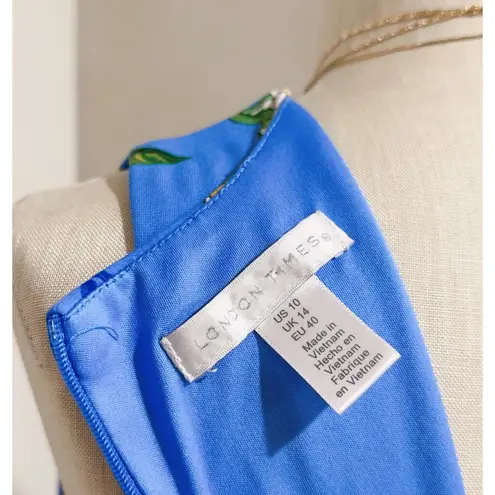 London Times Women's Blue Floral-Print Pleated Keyhole-Neck Midi Dress Size 10