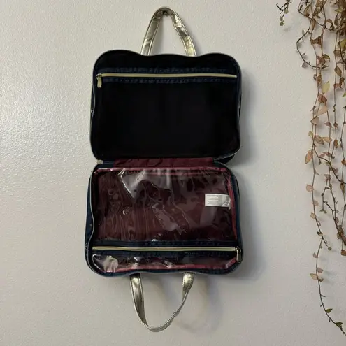 Dark Blue Travel/Cosmetic Bag with Gold Star Print, Gold Handles & Trim Gray