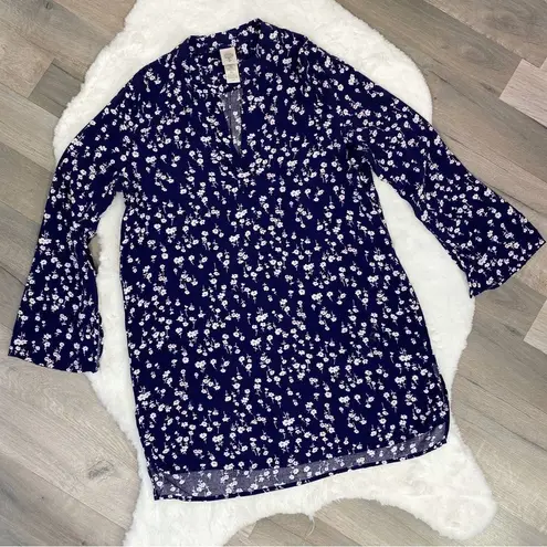 In Bloom Floral Bell Sleeve Tunic Shirt Dress Blue White Small