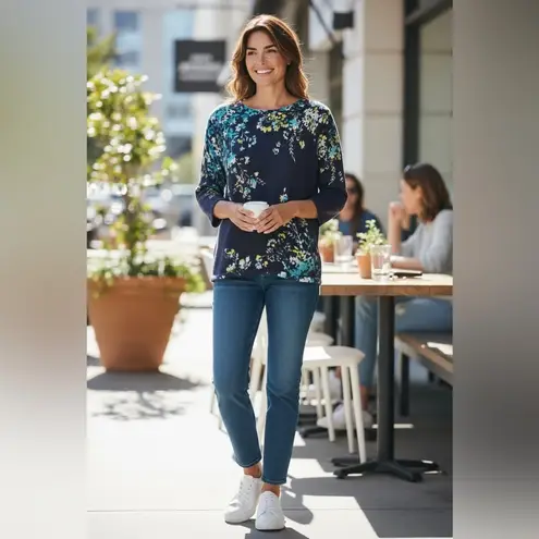 Alfred Dunner PL Floral 3/4 Sleeve Top Navy Cotton Knit Rhinestone Sparkle