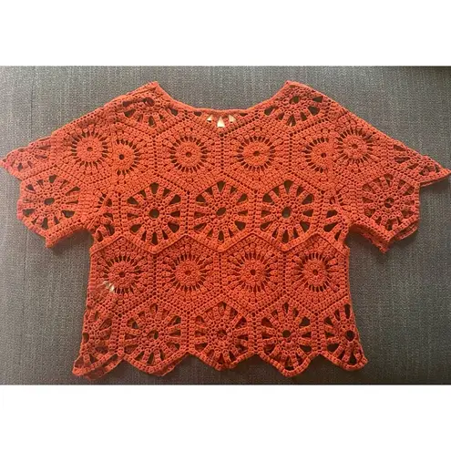 Burnt Orange Crochet Sweater Top Cropped Short Sleeve Rust Size Medium Boho