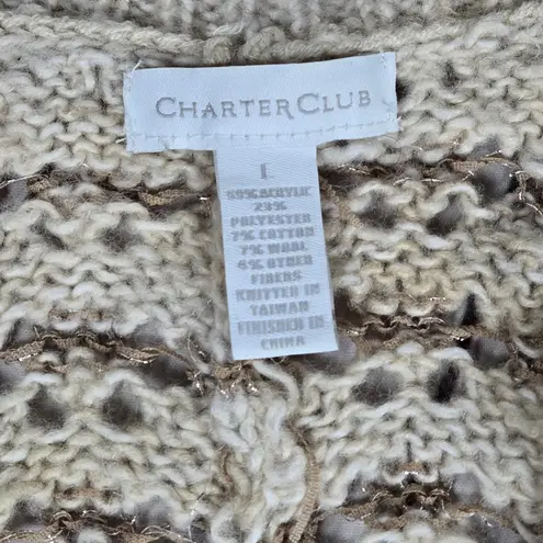 Charter Club Wool Blend Beige Brown Crochet Knit Cardigan Sweater L 3/4 Sleeve