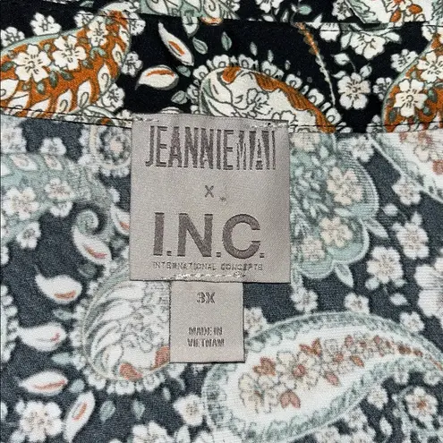 Jeannie Mai x INC Size 3X Paisley Print Satin Puff Sleeve Button Up Blouse Top Black