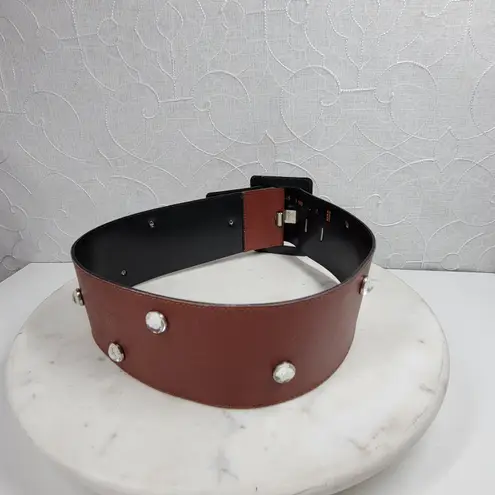 Vintage Yves Saint Laurent Wide Belt S Brown Leather Buckle Rhinestone Rivets