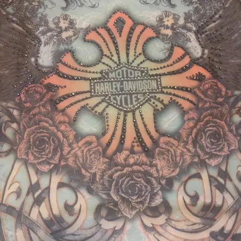 Harley Davidson Sheer Rhinestone Cross Floral Women’s Tank Top Size Large Blue