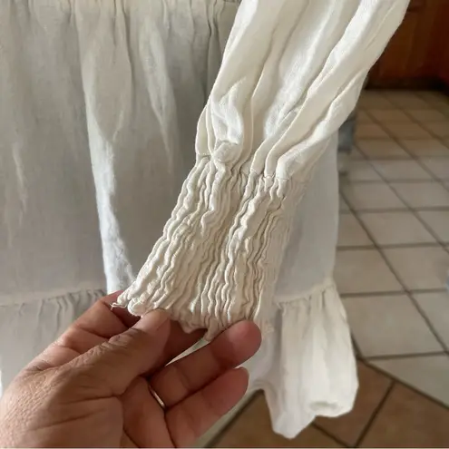 ZARA  linen blend dress long sleeve white ivory size M smocked ruffle