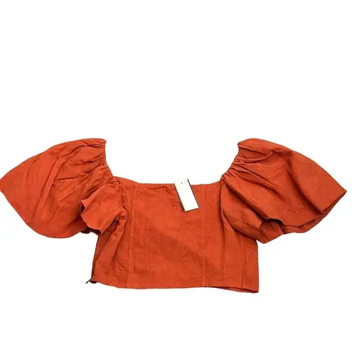 Jonathan Simkhai Puff Sleeves Top Womens 10 Orange Linen Quince Cropped NEW