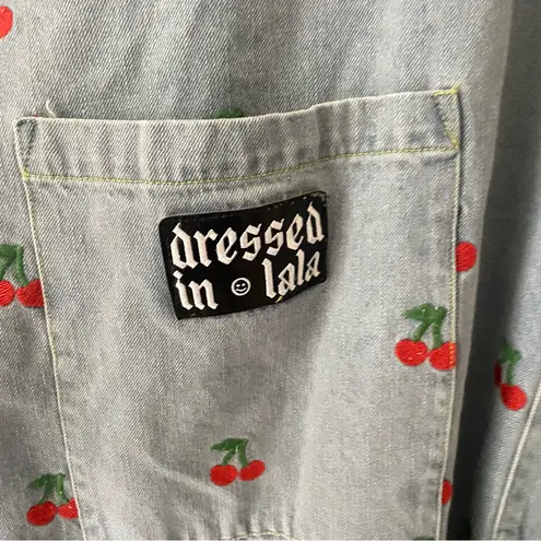 Dressed in Lala Cherry On Top Denim Jumper Dress Blue Size XL