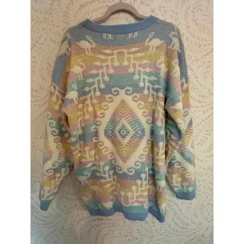 80's Vintage Pastel Geometric Lurex Rainbow Knit Sweater Blue Size XL