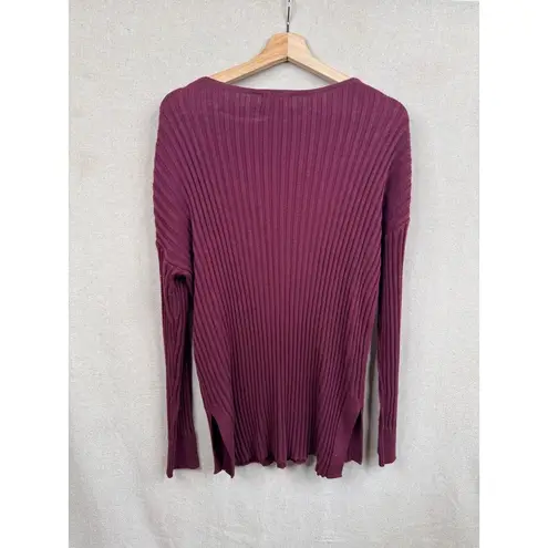 Open Edit Size S Ribbed Knit V-Neck Long Sleeve Top Burgundy Asymmetrical Neck