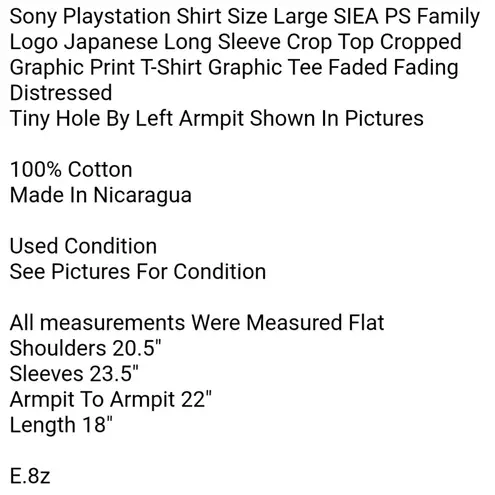 PlayStation Sony Shirt Size Large SIEA PS Family Logo Japanese Long Sleeve Crop Top Cropped