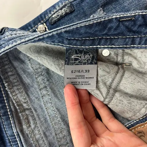 Silver Jeans LONG Dark Wash Distressed Denim Pioneer Boot Cut Jeans 16L