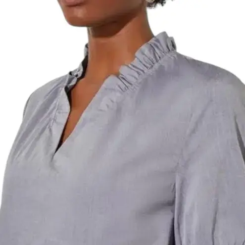 Ming Wang Cotton Shift Dress Size Small Ruffle Sleeve Gray V-Neck Poplin Unlined
