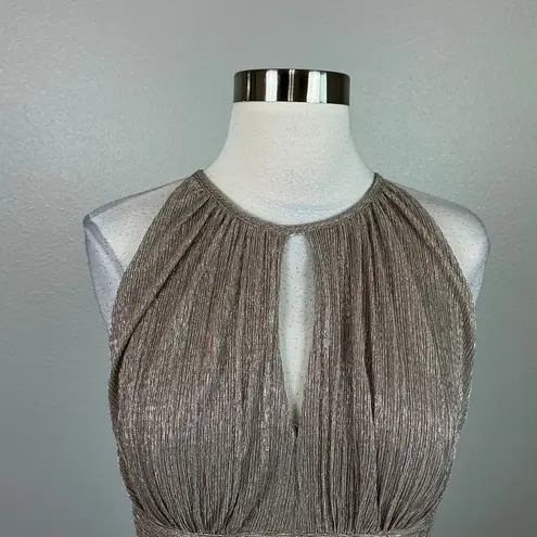 R & M Richards Sparkly Halter Long Column Evening Gown Gold Size 6 Formal Dress