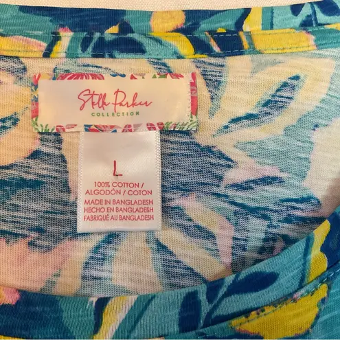 Stella Parker Women’s Size L Chest Pocket T Shirt Cotton Dress Tropical Teal Blue Size L
