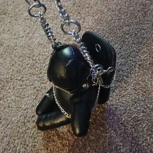 Black Faux Leather Chain Bear Purse Silver