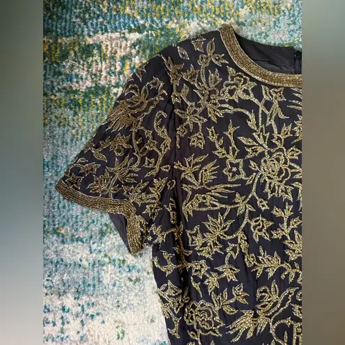 Vintage Oleg Cassini Black Tie beaded gold silk evening top, size small