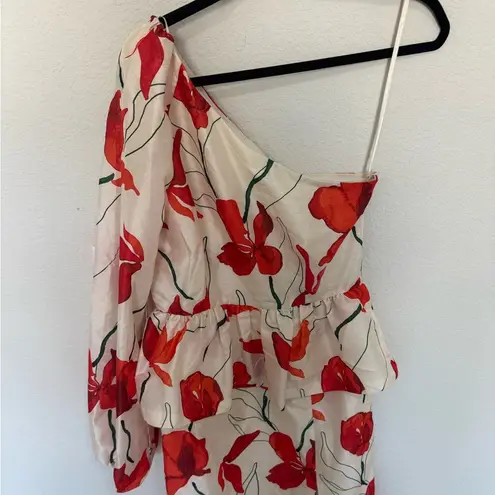 Hutch Anthropologie One-Shoulder Peplum Midi Dress Red White Floral Size 6