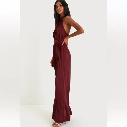 Lulus Confident Impression Burgundy Satin Pleated Halter Jumpsuit Size Small Red