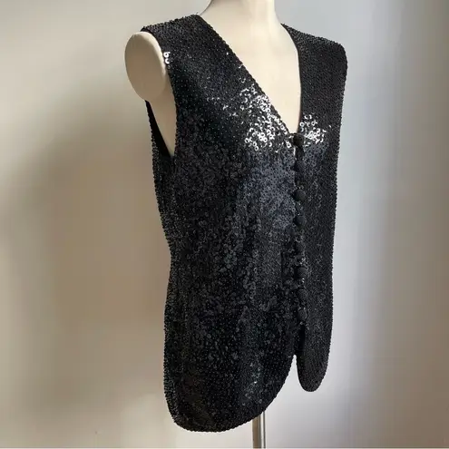 Vintage 1960s Valentina Black Sequin Vest Beaded Embellished Wool Cocktail Large