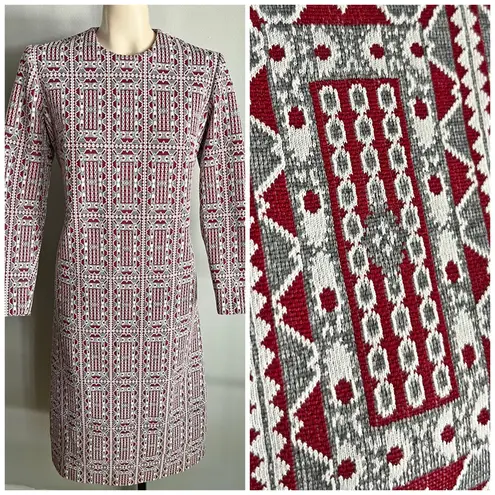Vintage Stoner Square Geometric Knit Dress Red Gray White Tribal Mod Midi 70s