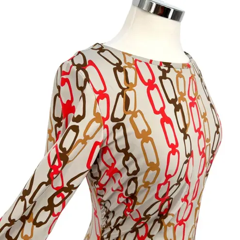 J. McLaughlin Chain Print Dress 3/4 Sleeve Draped Waist Gray Multi Size Medium