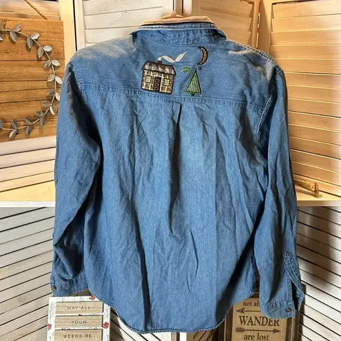 Christopher & Banks  Camping and Moose Embroidered Denim Button Up Shirt