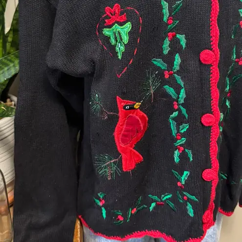 Vintage Holiday Cardinal Sweater Black Red Festive Embroidered women’s large