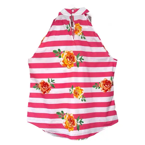 NY&C Pink White Striped Tank Top Attached Neck Tie Bow Womens Size XL NWT