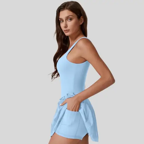 NWT QINSEN Light Blue Tennis Golf Dress Pleated Square Neck w/ Shorts XL