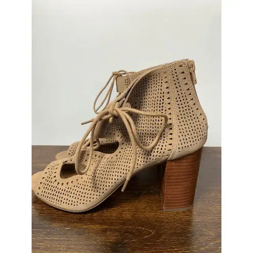 Crown Vintage Women Eralicia Peep Toe Heeled Bootie Lace Up Back Zip Taupe US 9 Brown