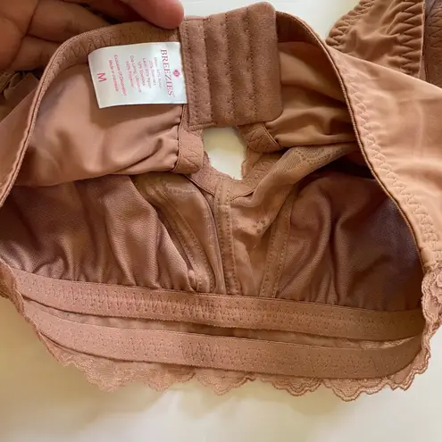Breezies Lace Trim Bra Wireless Comfort Support M Bralette Smooth Lace Delicate Brown Size M