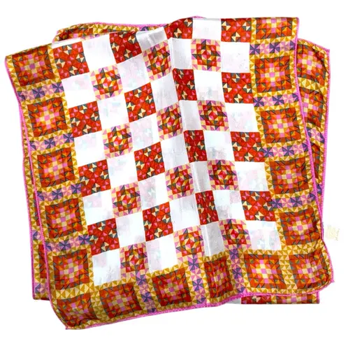 Vintage Geometric Patchwork Print Oblong Scarf 15”x42” Glentex Mod 60s Silk Red