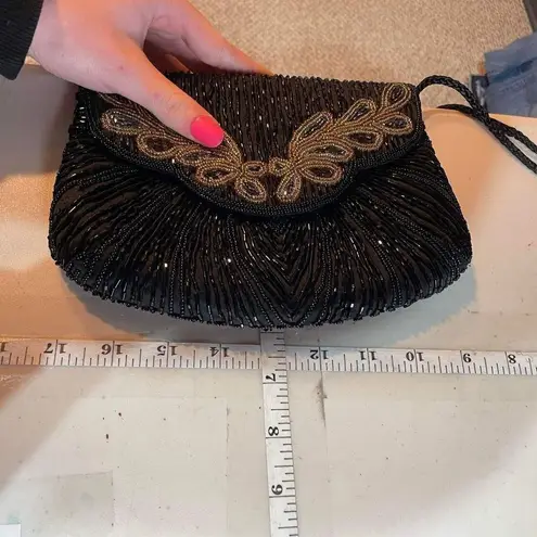 Vintage Beaded Snap Flap Corded Strap Clutch Shoulder Bag Black Small Flapper