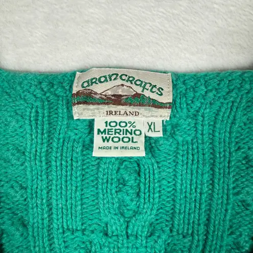 Aran Crafts Ireland Green 100 Merino Wool Cable Knit Cardigan Sweater XL Cabin