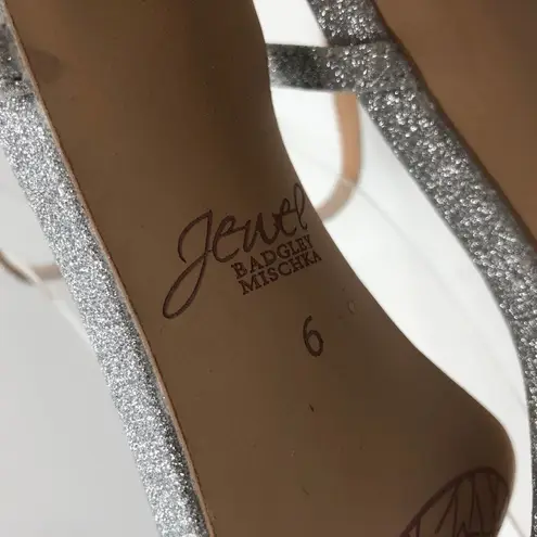 Badgley Mischka Charlee Silver Glitter Block Heel Sandals Rhinestone Strap 6