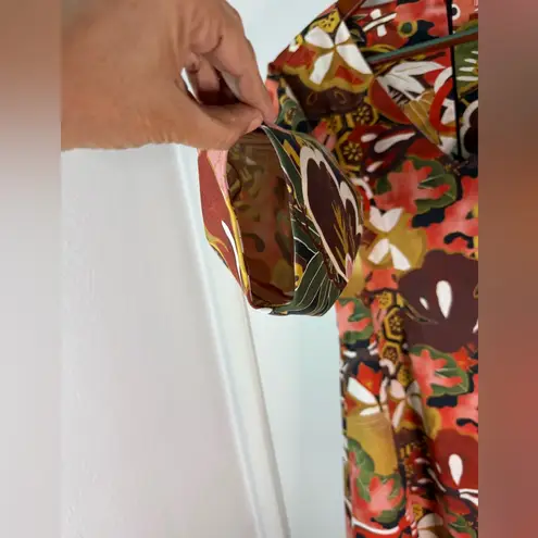 Natori Ikebana 3/4 sleeve fall colors floral midi dress. Brown, mustard, green 4