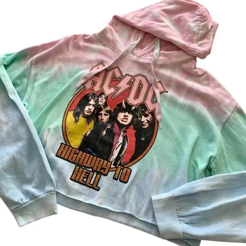 AC/DC Tie Dye Graphic Raw Hemline Cropped Hoodie Sweater Size XL