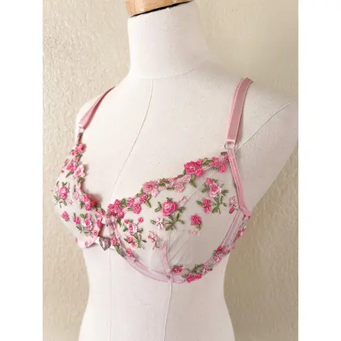 Floral Lace Underwire Bra Medium Sheer Embroidered Dainty Pink