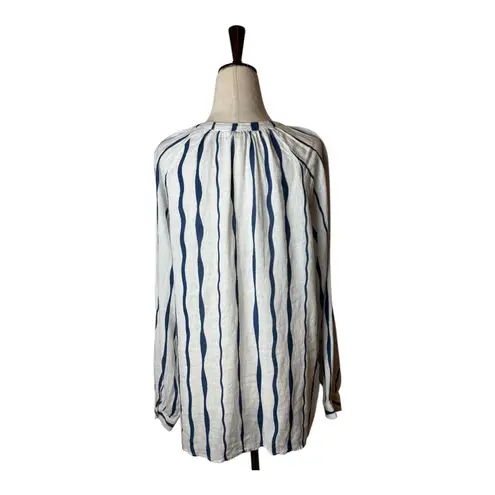 Rails Shirt Women Small White Blue Brielle Wavy Stripe Linen Blend Tie Neck Top