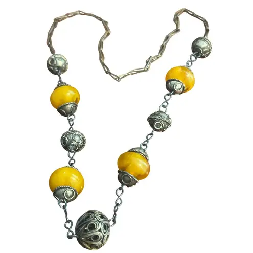 Vintage Silver Tone Egg Yolk Amber Resin Necklace Prayer Worry Beads Cage 24"