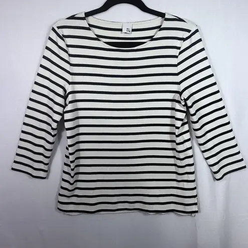 Iris & Ink White Navy Striped Round Neck 3/4 Sleeve Breton Top Blouse Size S