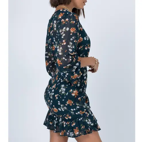 Princess Polly  NWT Meral Teal Green Floral Wrap Style Ruffle Hem Mini Dress