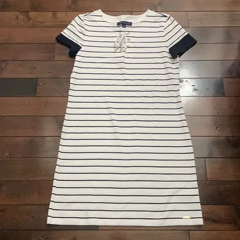 Tommy Hilfiger  short sleeved dress White w navy stripes Lace up neckline sz S