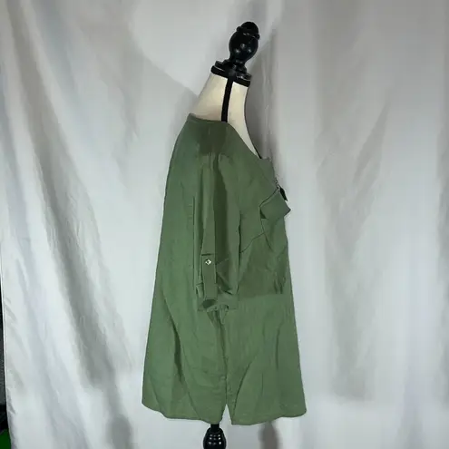 Anne Klein  Womens Popover Top L Linen Blend Gold Zip Tassel Roll Tab Sleeve